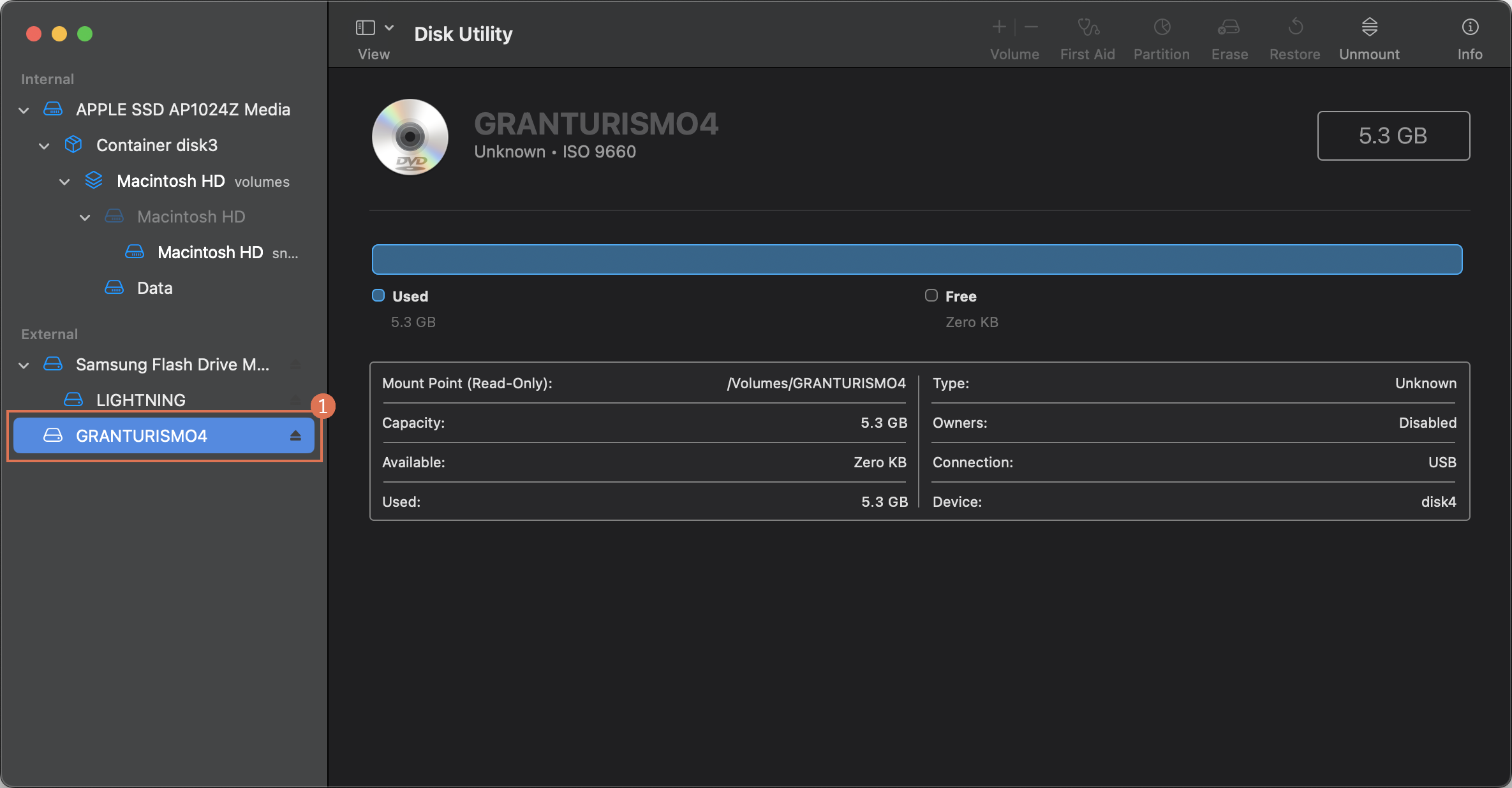 The landing page of Disk Utility. Selected in the left-hand sidebar under the External drives is an optical disc drive which is currently labeled GRANTURISMO4 (step 1). To the right of this is information about the GRANTURISMO4 disc, such as mount point, size, and drive device name.