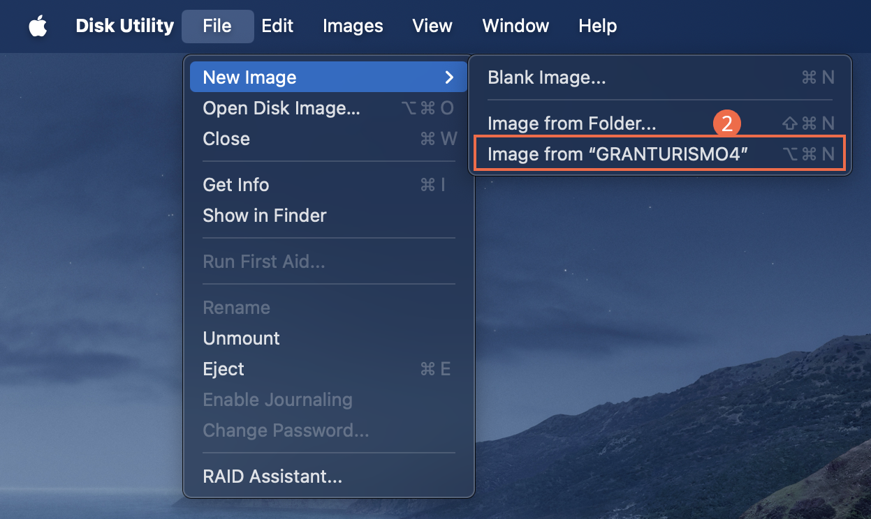 The app menu in the upper right of macOS shows Disk Utility open. Under the File menu, the option New Image is opened to a submenu. Within this submenu, the item Image from GRANTURISMO4 is highlighted as an example (step 2).