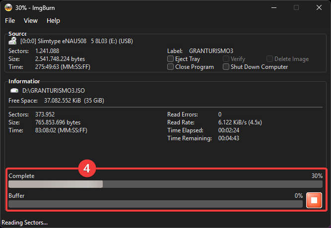 ImgBurn shows the progression of the disc dump, represented by a green progress bar at the bottom of the window. It is currently at 16% progression and has a red, square-shaped Stop button near the bottom right. Metadata about the dumping process is displayed in the upper two-thirds of the screen.