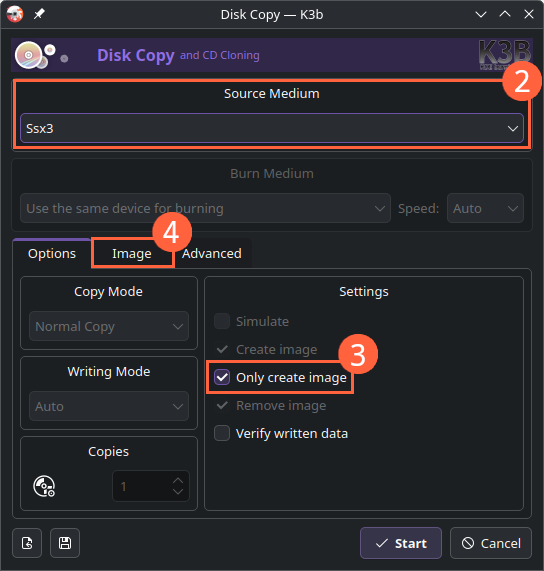 The K3b window called Disc Copy on the default tab called Options. At the top of the window, the Source Medium selection is the disc with volume label SSX3 (step 2). Near the bottom of the window, the setting Only create image is checked (step 3). Directly to the right of the Options tab is the Image tab (step 4).