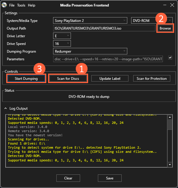 The window shown when first opening MPF. There is a button labeled Scan for Discs under the Controls section of the UI (step 1). The user has already clicked this button, and all of the fields have been automatically filled out. Near the top-right of the window, there is a Browse button to the right of the Output Path field (step 2; optional). Directly to the left of the Scan for Discs button is a button labeled Start Dumping (step 3). Parameters for the disc dumping process are System / Media Type, Output Path, Drive Letter, Drive Speed, and Dumping Program. All of these fields are automatically translated into command line parameters. A status reads: DVD-ROM ready to dump. At the bottom of the window, there is a log output and buttons to clear and save the log output.
