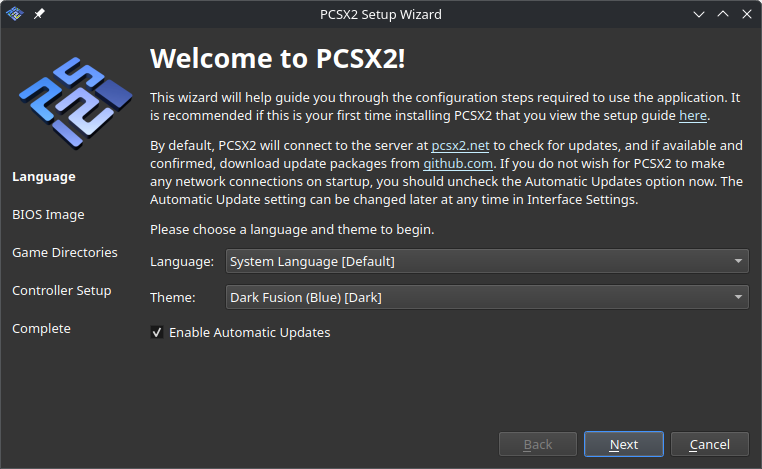 The first page of the PCSX2 setup wizard on KDE Plasma 6, headlined, Welcome to PCSX2!. The options shown are Language, Theme, and Enable Automatic Updates.